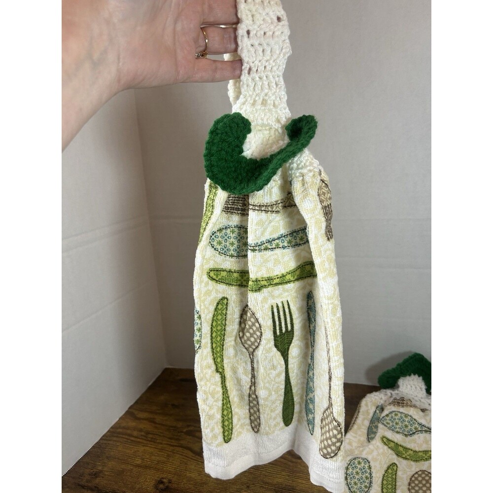 Set Of 2 Hanging Kitchen Towels Crochet Top Spoon Fork Farmhouse Decor Rustic - Picture 15 of 15